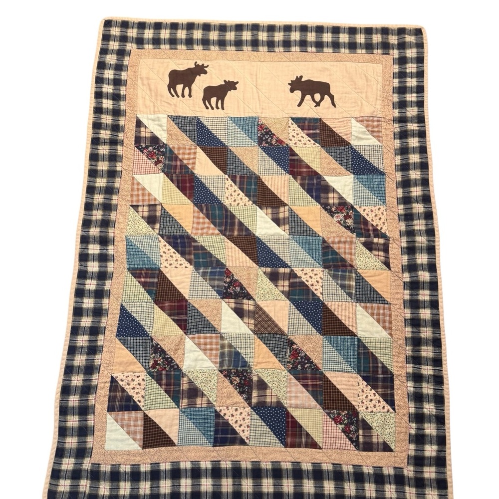 Vintage Handmade Quilt Christmas Moose Patchwork Appliqué Country 42” X 58” Farm